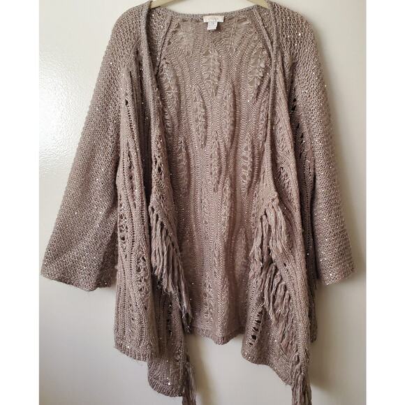Chicos Cardigan Sweater Womens XXL 3 Tan Sparkle Sequin Open Knit Fringe - Picture 1 of 11